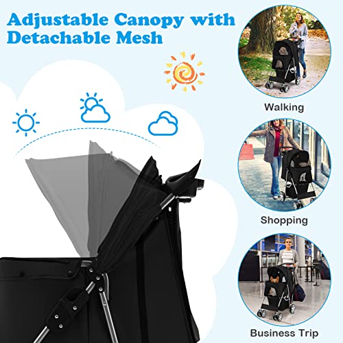 4 Wheels Folding Pet Stroller with Storage Basket and Adjustable Canopy K43758