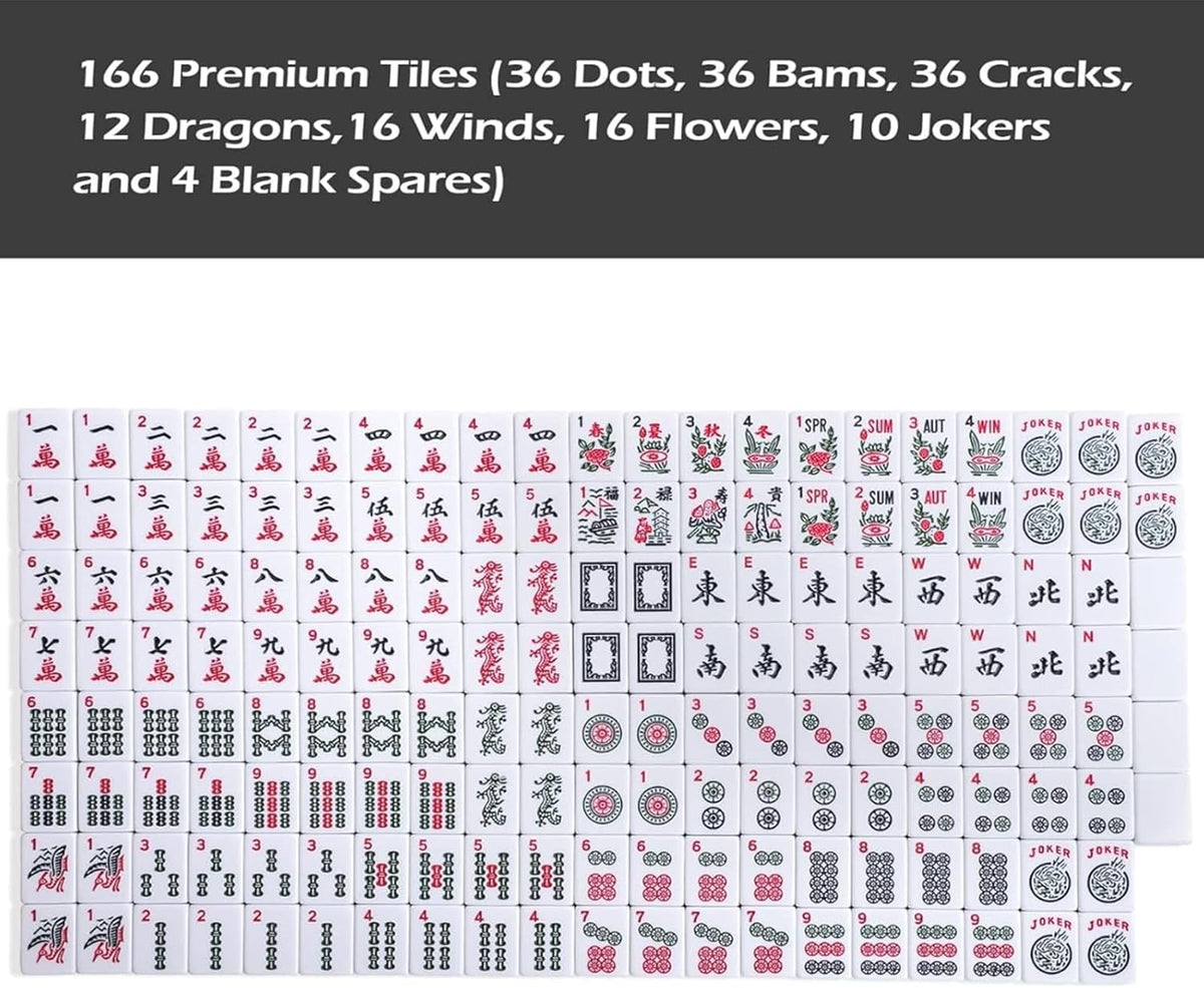166 White Tiles Mahjong Game Set with 4 Color Rack Pushers, Black Carrying Bag, Mat with 3 Dice C491730