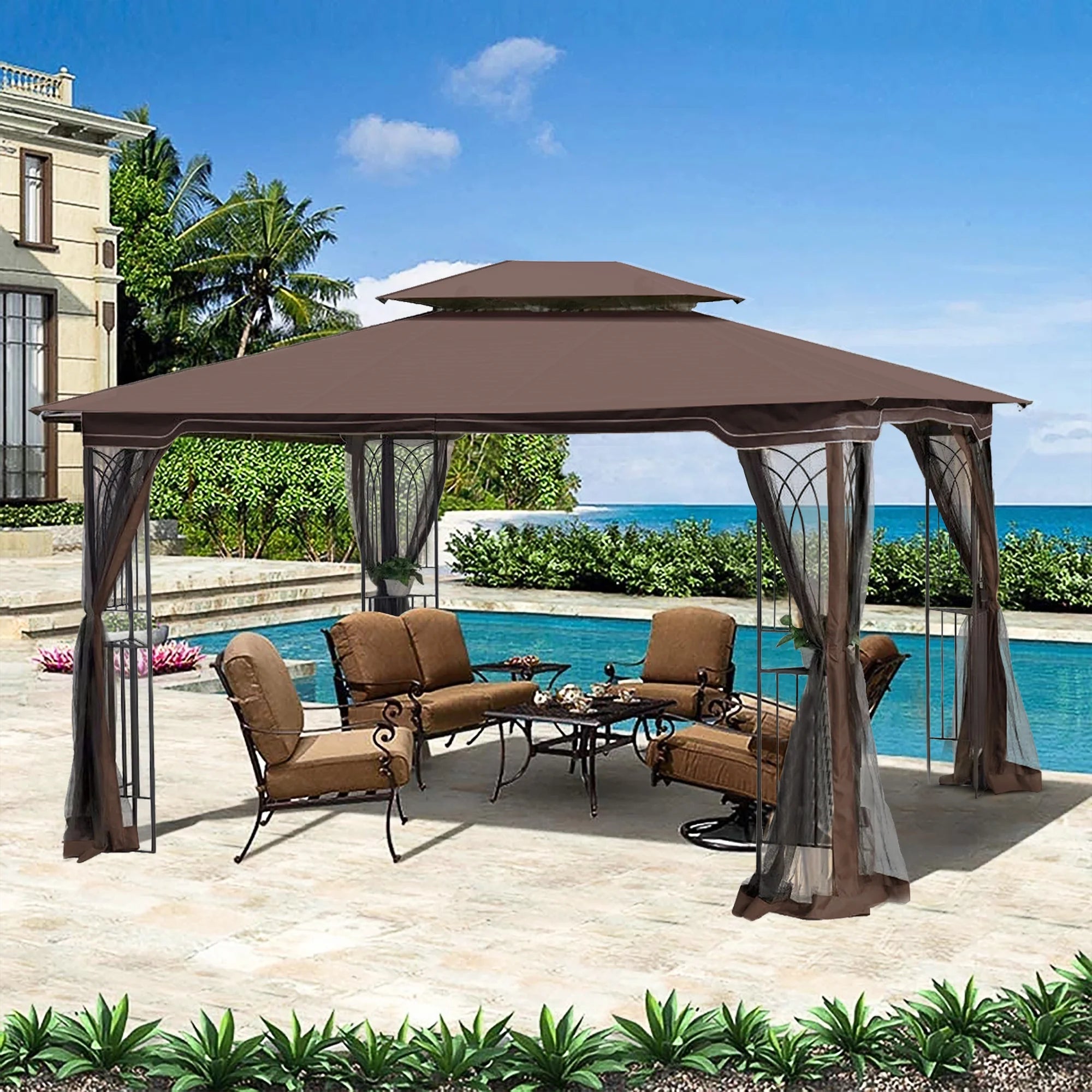 Brown Outdoor Patio Gazebo Canopy Tent With Mosquito Net A7889