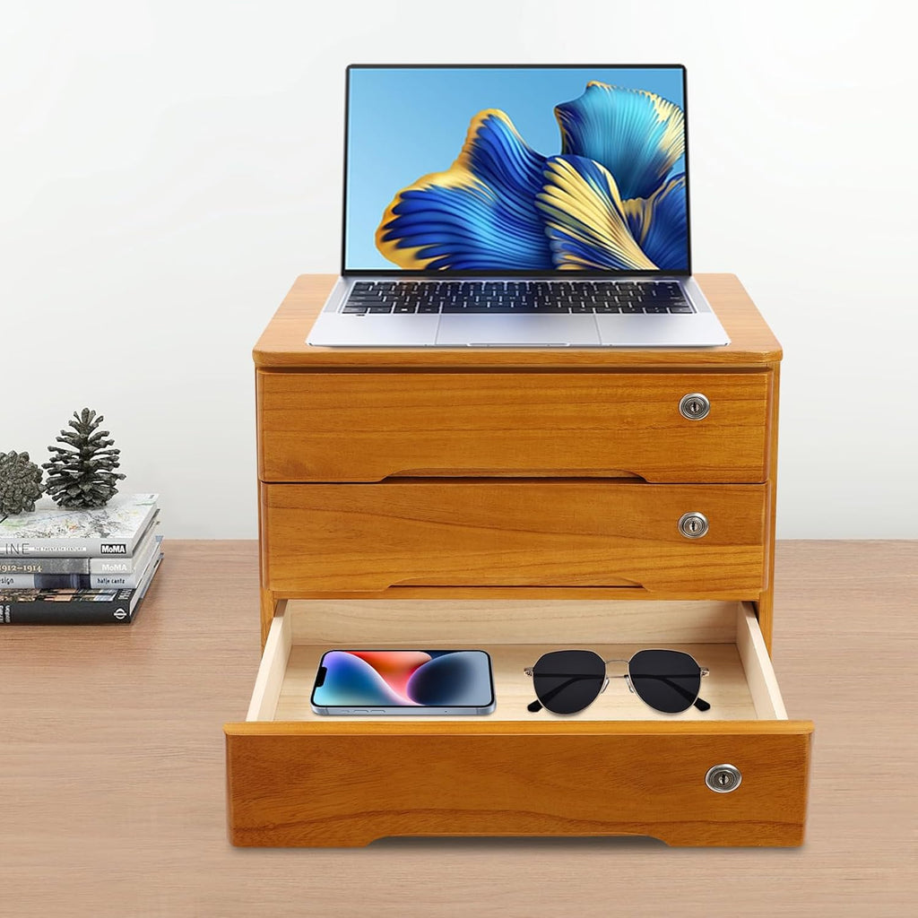3-Tiers Wooden Desktop Storage Box with Lockable Drawers S937068