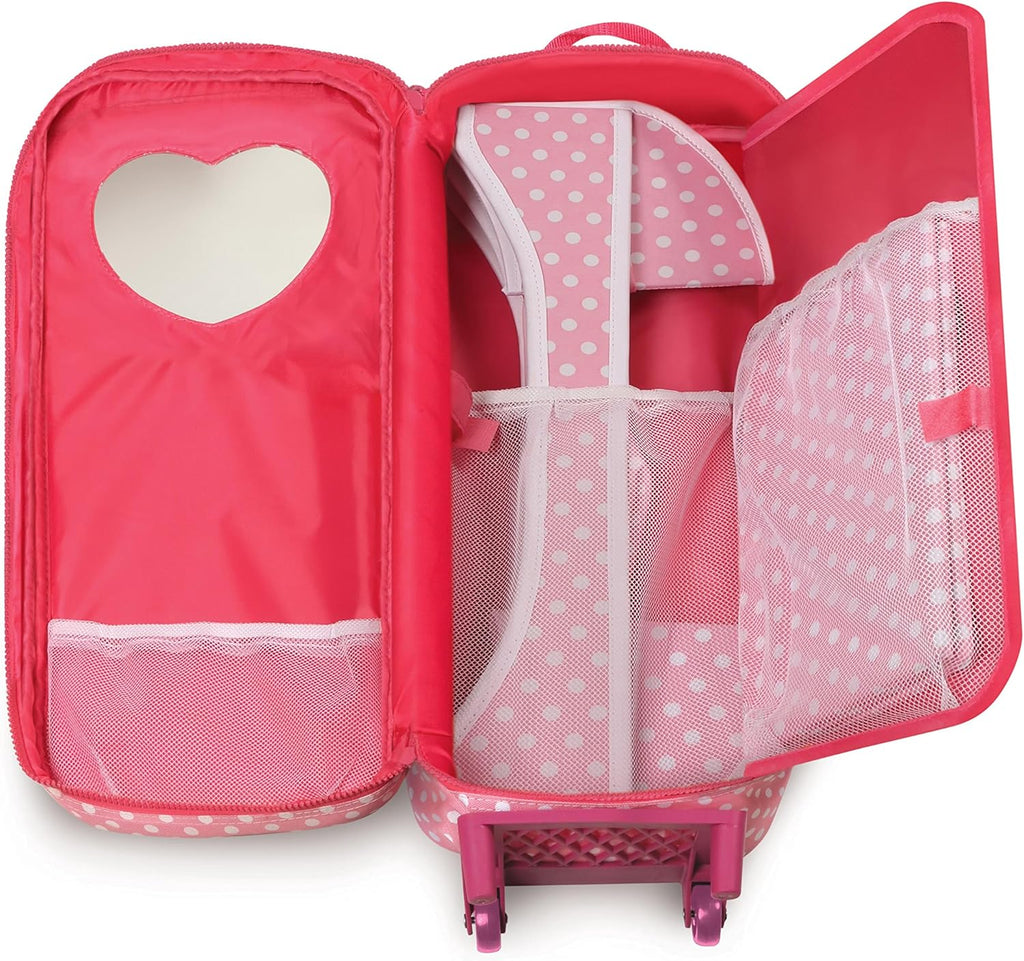 Pink Polka Dot Doll Trolley Travel Carrier with Rocking Bed and Bedding C8239