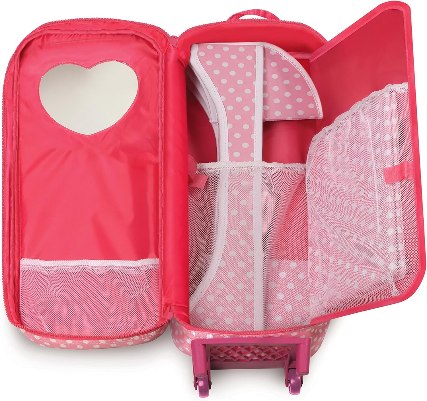 Pink Polka Dot Doll Trolley Travel Carrier with Rocking Bed and Bedding C8239