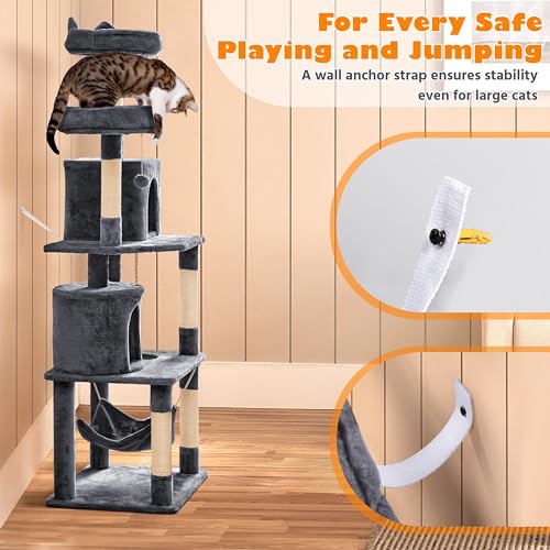 Dark Gray Cat Tree with Platform, Hammock, Scratching Posts L941351