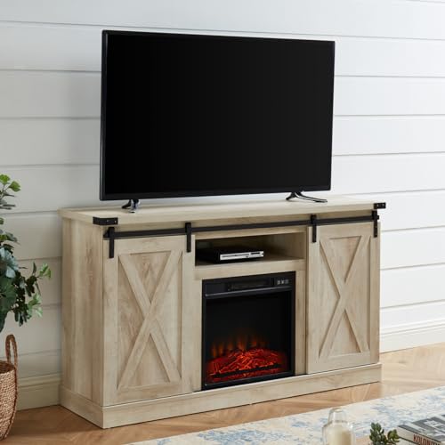 White Oak Electric Fireplace TV Stand with Sliding Barn Door, 54"x15.5"x31" F12897