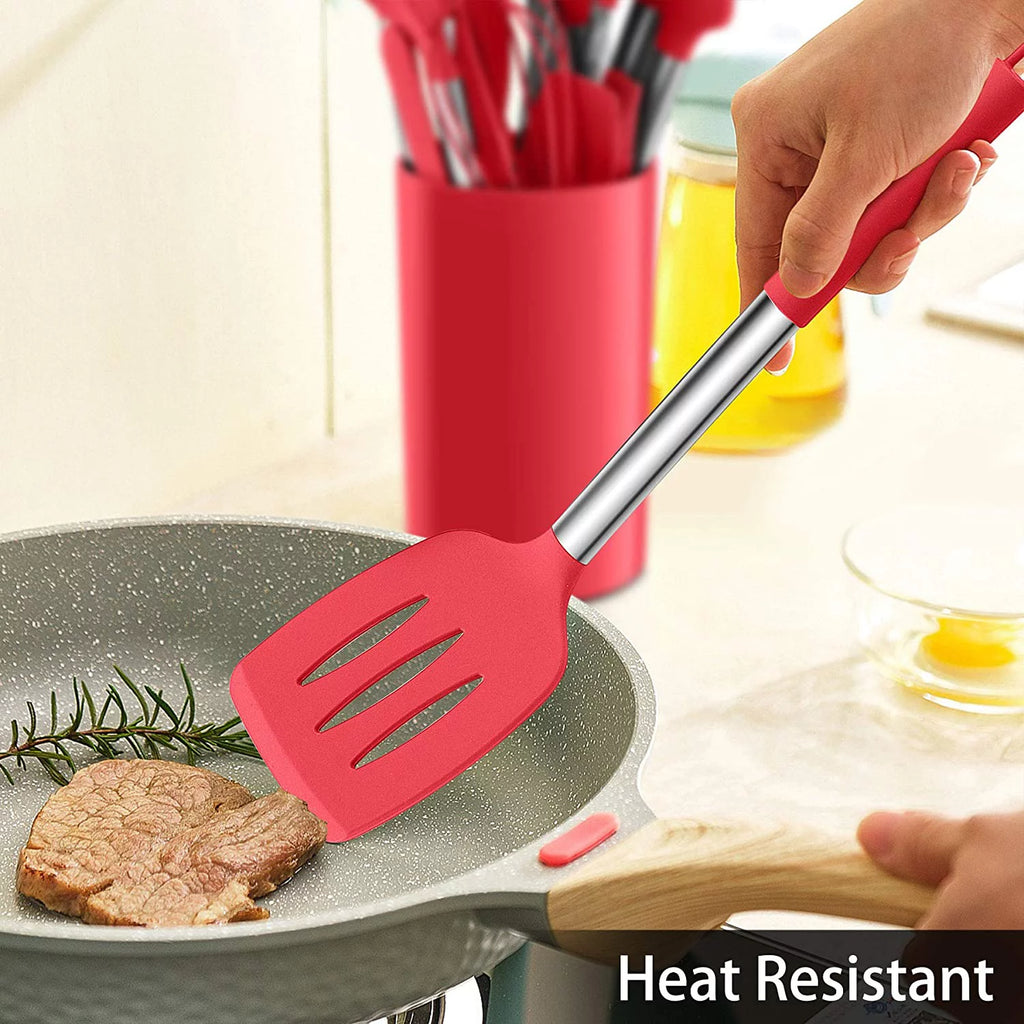 15 Pcs Silicone Non-stick Cooking Utensil Set with Stainless Steel Handle O12381