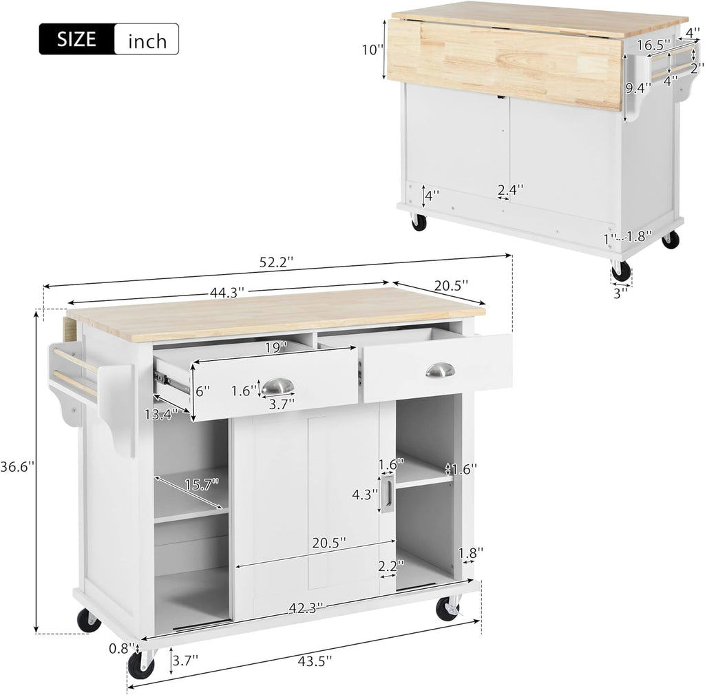 Mobile Kitchen Island Cart with Spice Rack and Towel Rack, Rolling Kitchen Island with Drop Leaf, 2 Drawers and Sliding Barn Doors N990506