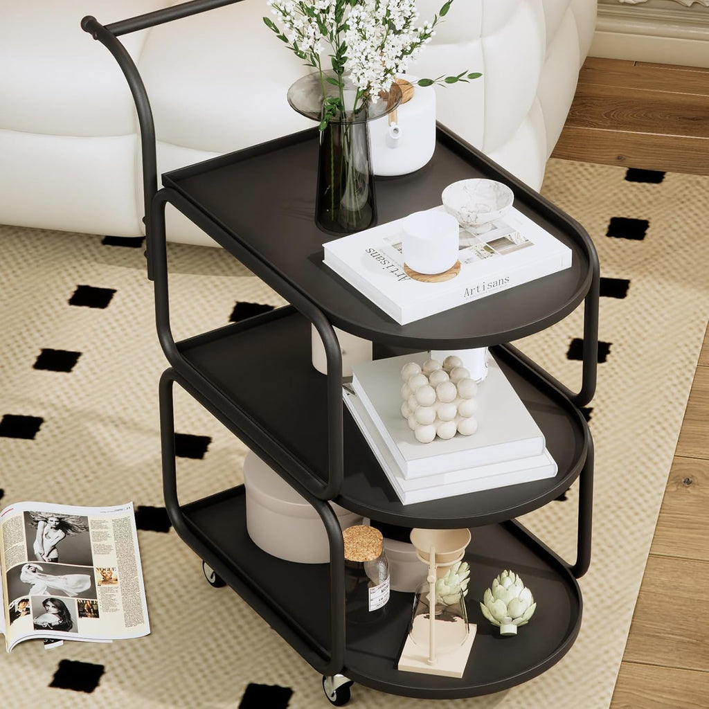 Matte Black 3-Tier Rolling Metal Bar Cart with Lockable Wheels I614