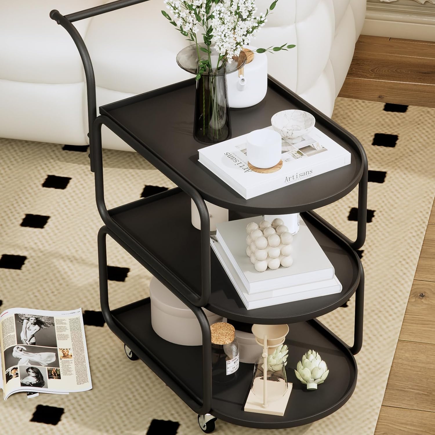 Matte Black 3-Tier Rolling Metal Bar Cart with Lockable Wheels I614