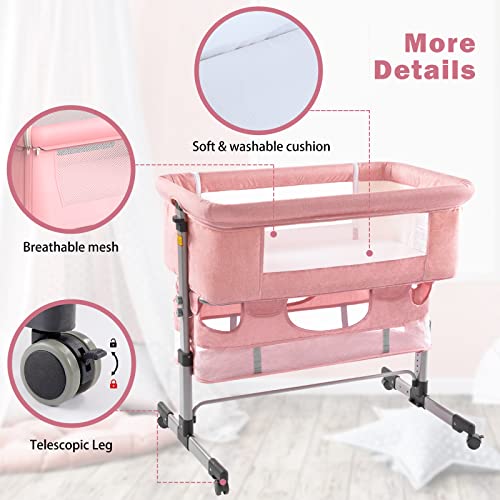 Pink Baby Bassinet Bedside Sleeper with Storage Basket Q500