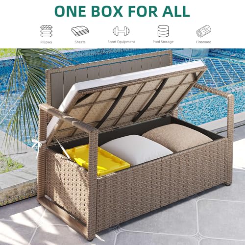 Black Beige 90 Gallon Outdoor Wicker Storage Bench with Cushion J1291
