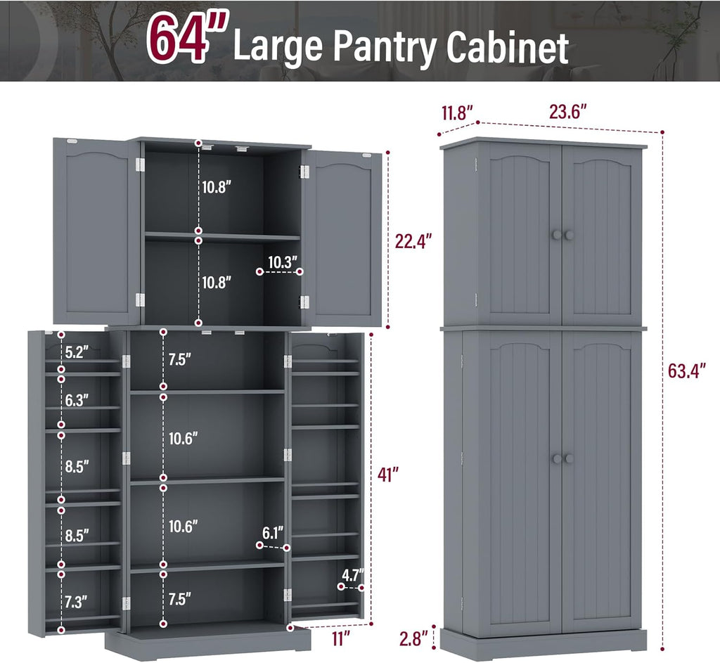 Gray Tall Freestanding Kitchen Pantry Cabinet with Doors and Shelves J403067
