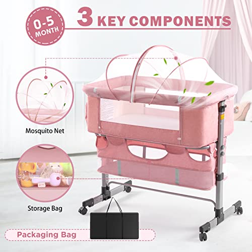 Pink Baby Bassinet Bedside Sleeper with Storage Basket Q500