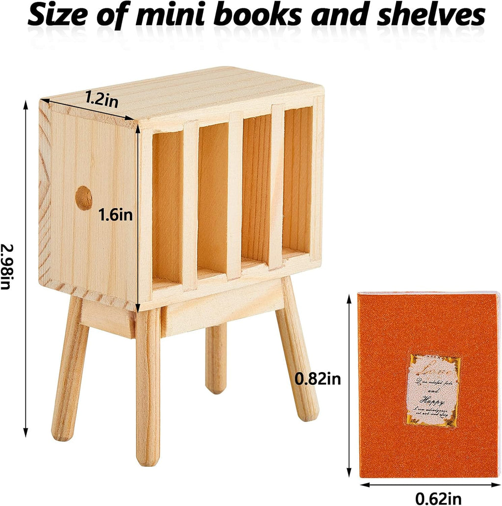 13 Pieces 1:12 Scale Miniature Dollhouse Books with Wooden Rack Bookshelf G6020