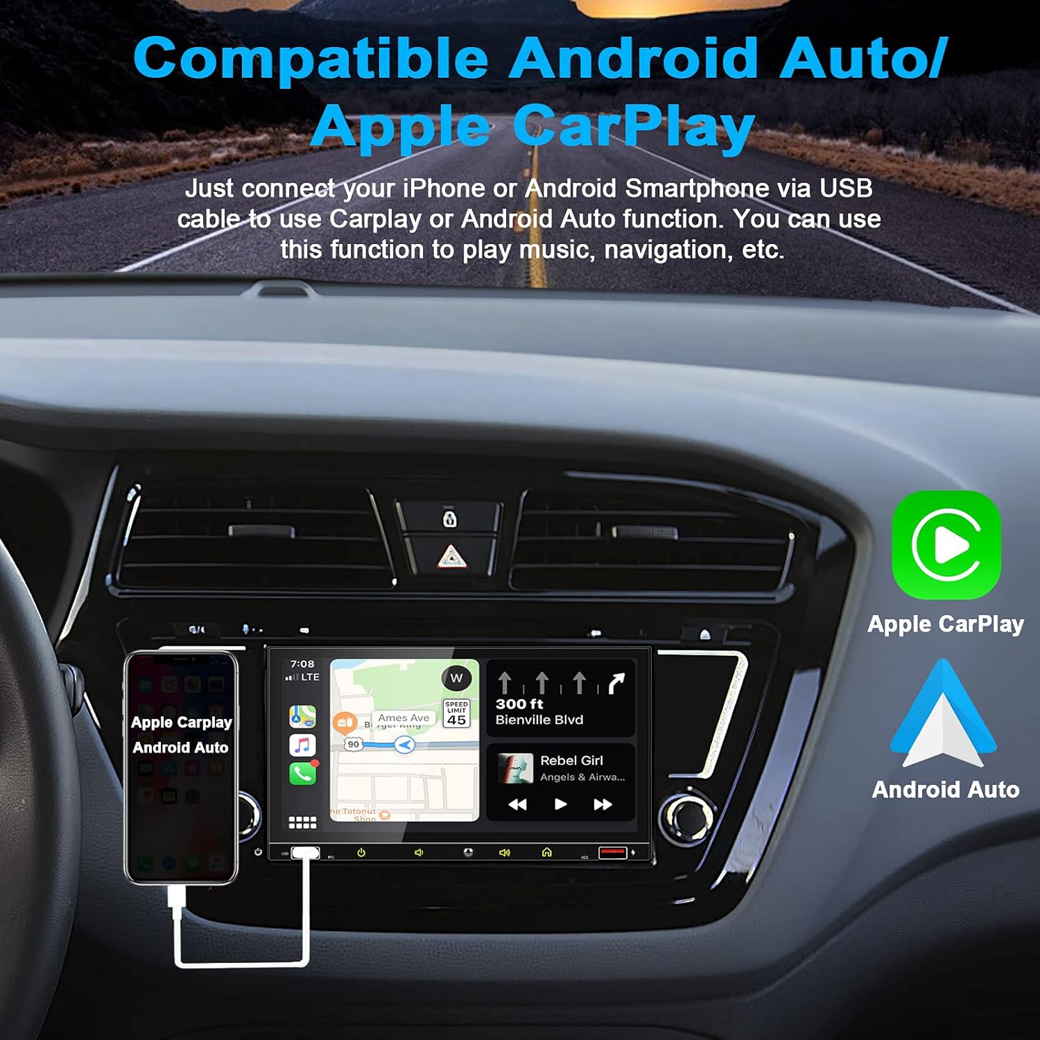7 Inch Double Din Car Stereo with Touchscreen Bluetooth I30809