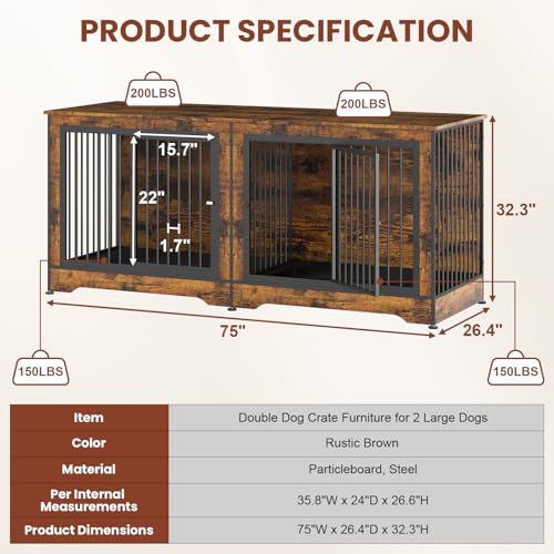 75 Inch Double Dog Crate Furniture Rustic Brown with Trays and Divider J395
