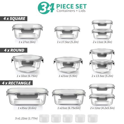 34pcs Glass Food Storage Containers with Lids Set, Airtight, Leak Proof, BPA-Free, Black F77435
