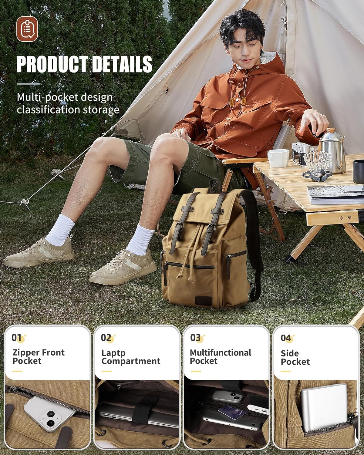 Canvas Vintage Casual Daypack Backpack, Water Resistant Lightweight 14 Inch Laptop Rucksack Hiking Bag, Khaki F849