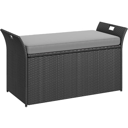 Black Beige 90 Gallon Outdoor Wicker Storage Bench with Cushion J1291