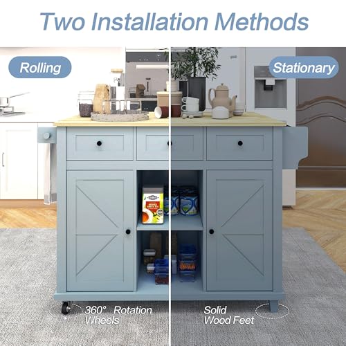 Grey Blue Rolling Kitchen Island with Storage Cabinet and 3 Drawers I378253