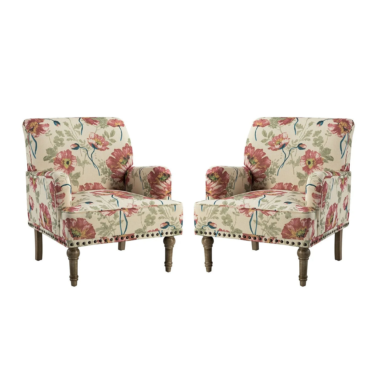 Set of 2 Floral Fabric Upholstered Accent Armchair with Nailhead Trim P865019
