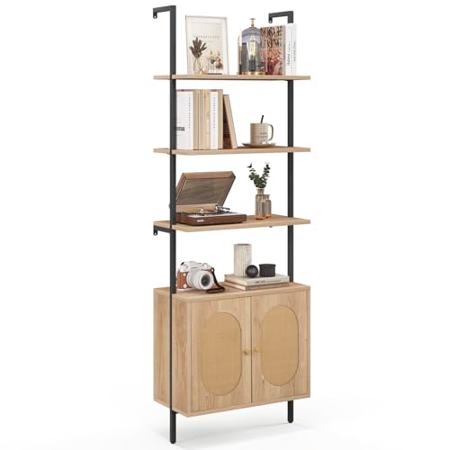 6-Tier Ladder Bookshelf with Cabinet, 71" Tall Wall Mount Shelf Bookcase with Metal Frame & Rattan Cabinet Bottom J195