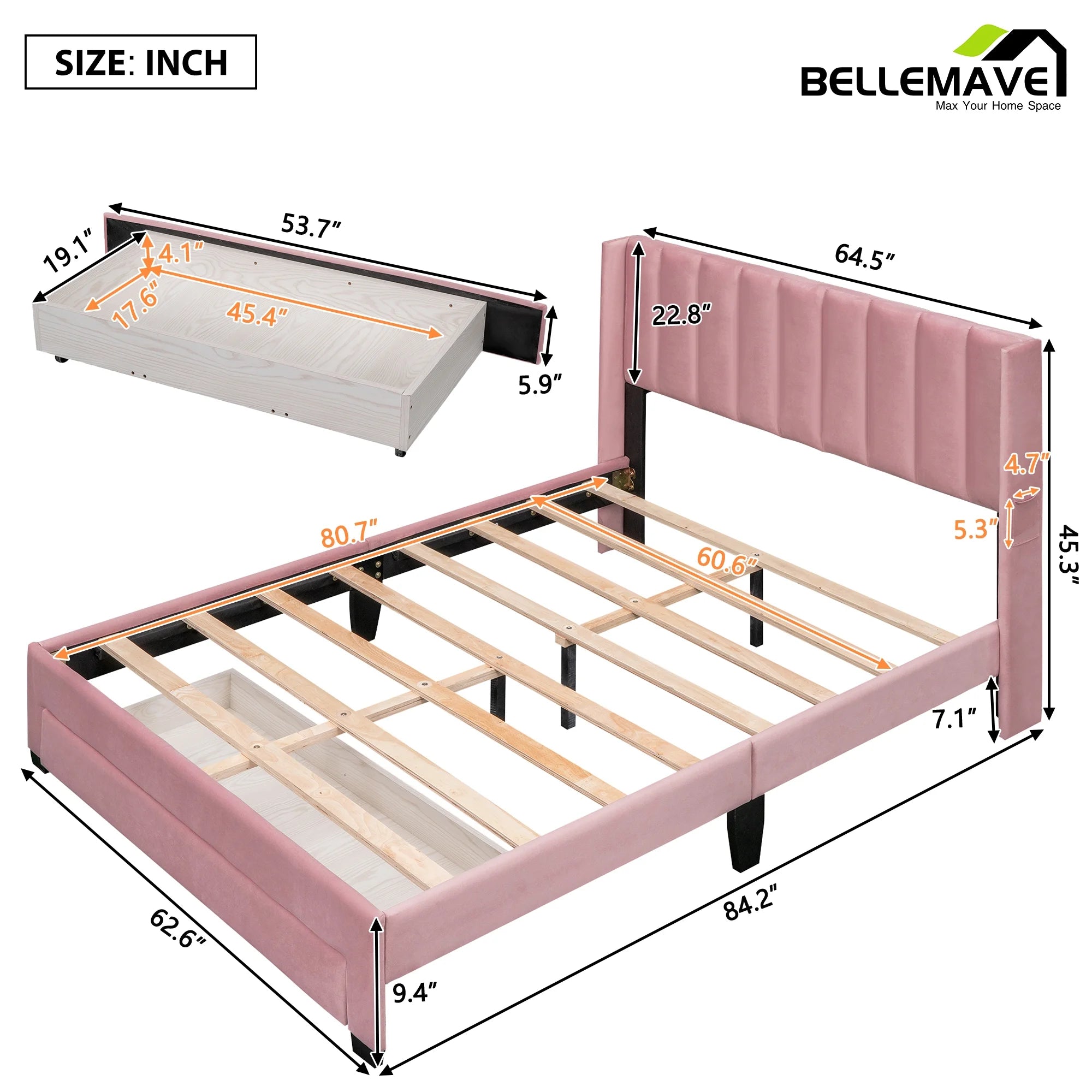 Queen Size Pink Velvet Upholstered Wood Platform Bed with Drawer I9098