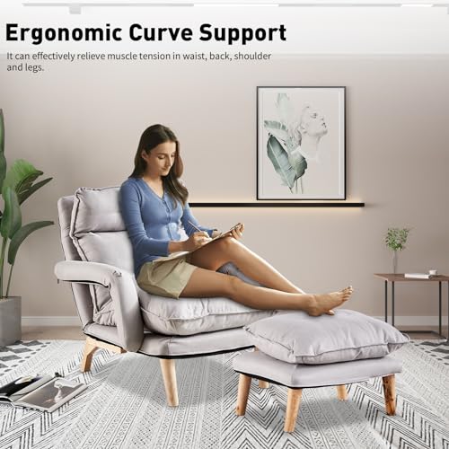 Gray Linen Accent Chair with Ottoman T8781