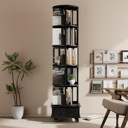 Black 5-Tier Rotating Book Shelf with Drawer Z518506
