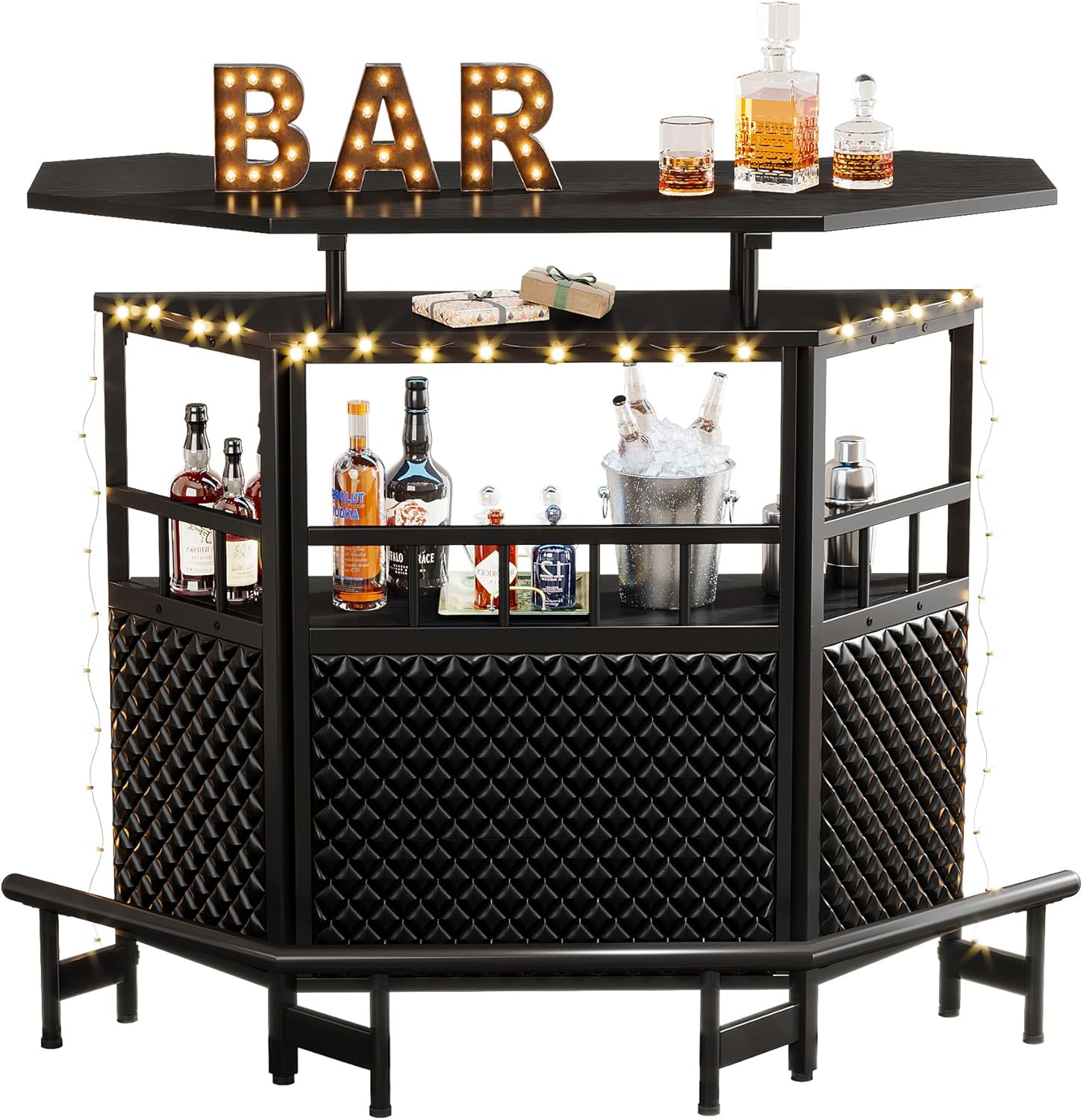 Black 4 Tier Bar Cabinet with Stemware Rack K2116