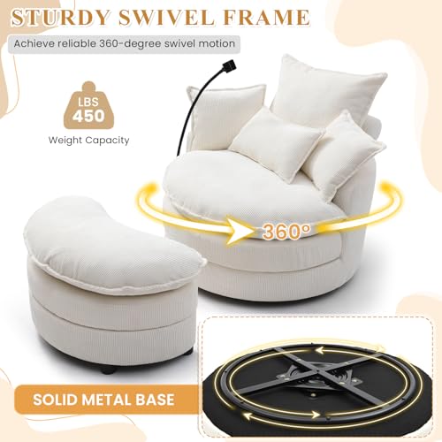 Beige Corduroy Oversized Swivel Accent Sofa Chair with Storage Ottoman P98402