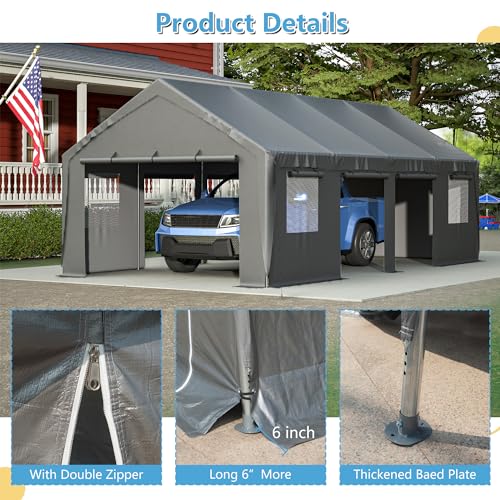 Carport 20x12ft Portable Garage with Roll-up Ventilated Windows & Removable Sidewalls F119708