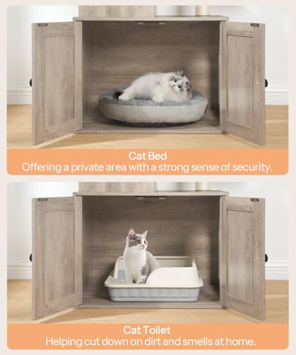 Greige 67.7" H Wooden Cat Tree with Litter Box Enclosure W253