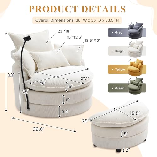 Beige Corduroy Oversized Swivel Accent Sofa Chair with Storage Ottoman P98402