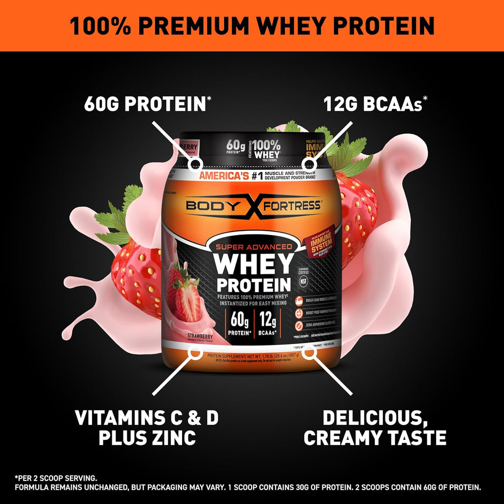 Whey Protein Powder, Strawberry, 60g Protein, 12g BCAAs Per 2 Scoops, Creatine Monohydrate Micronized Powder 500G, 5000mg Per Serv (5g), 100 Servings C809