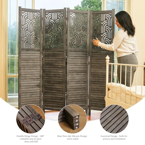 4 Panel Gray Wood Carved Folding Room Divider P4471