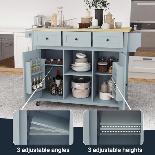 Grey Blue Rolling Kitchen Island with Storage Cabinet and 3 Drawers I378253