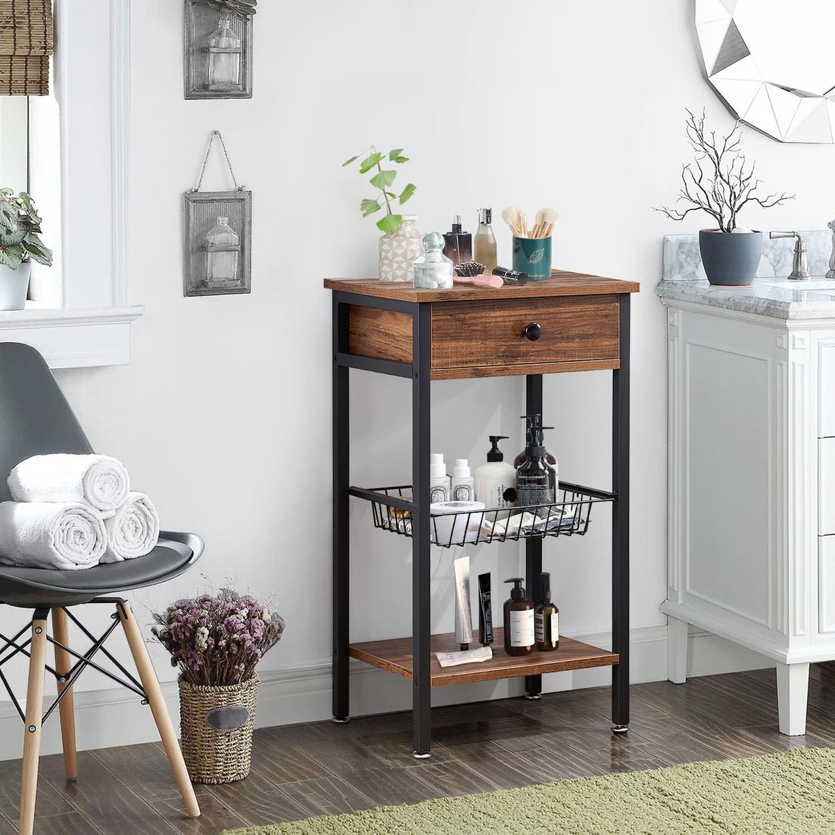 Brown Tall Side Table with Basket C661