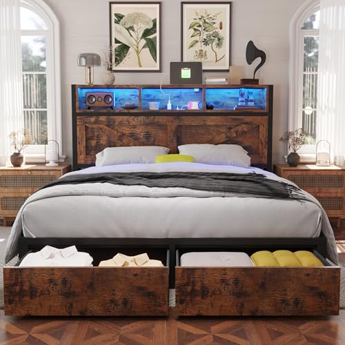Rustic Brown Full Bed Frame with Bookcase Headboard and Storage Drawers Y8836