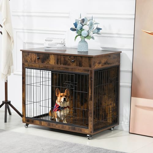 Grey 31.7" L×23.2" W×33" H Wooden Dog Crate with 2 Drawers Z86390