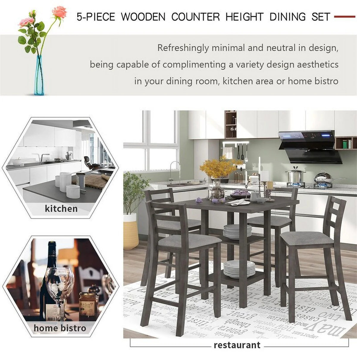 Espresso Square Dining Table Set of 4 with 4 Upholstered Chairs H65298