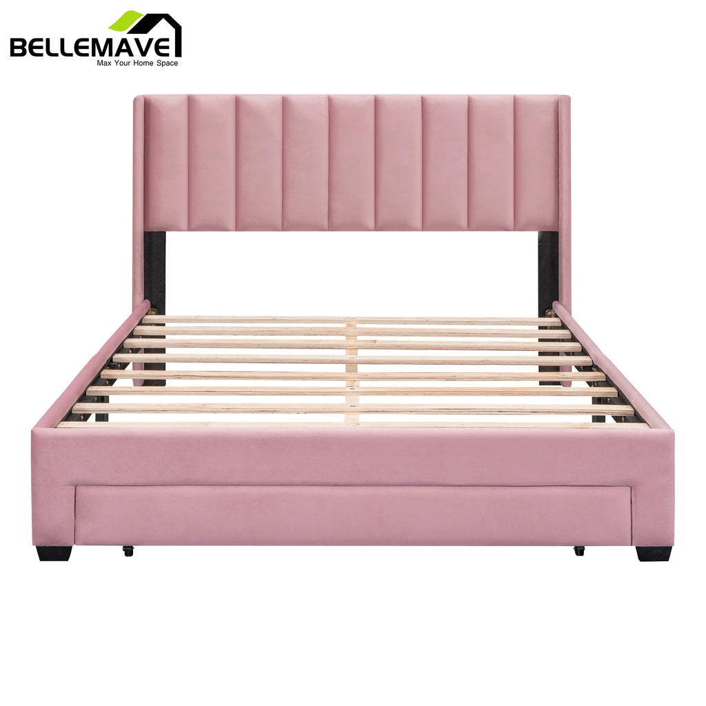 Queen Size Pink Velvet Upholstered Wood Platform Bed with Drawer I9098