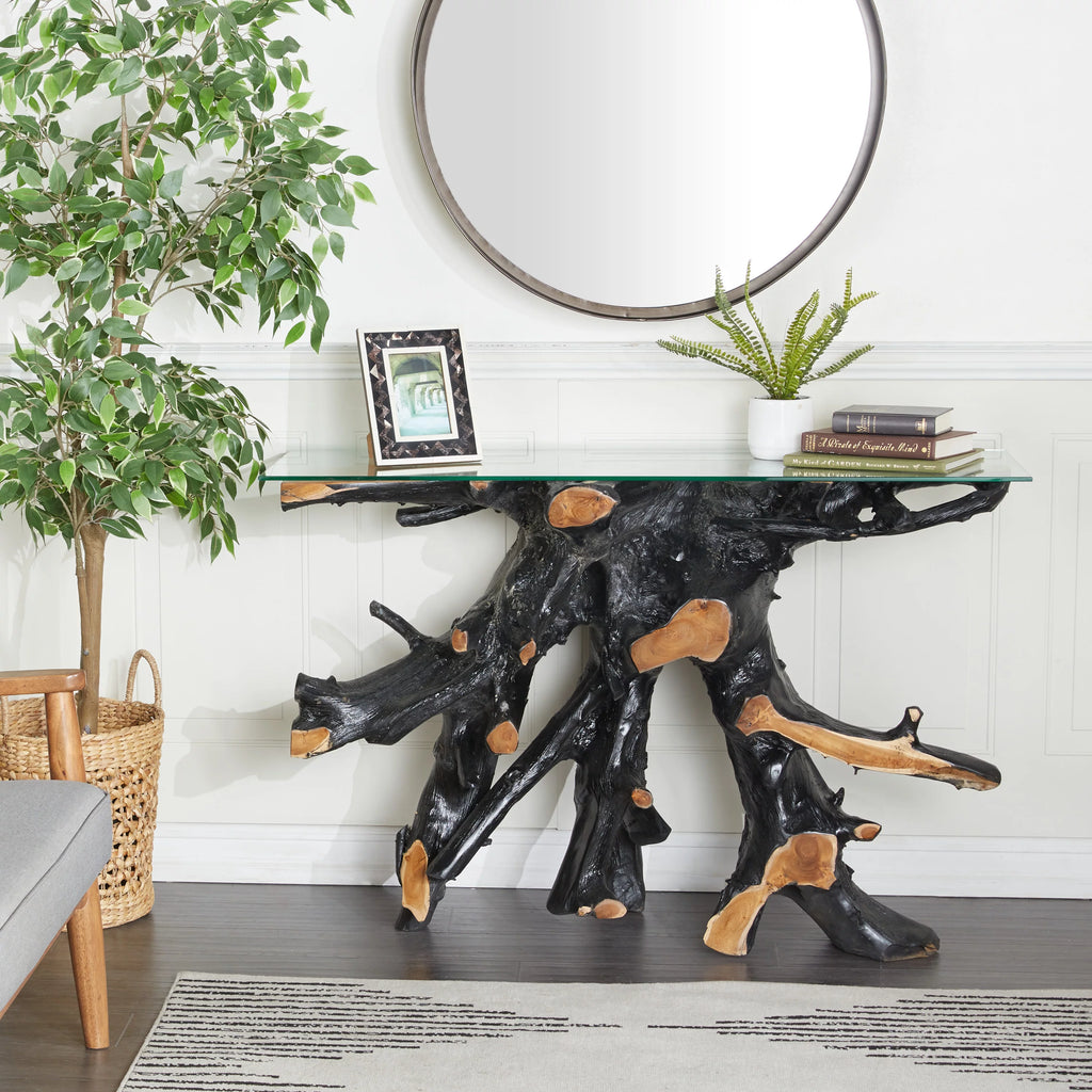 Black Teak Wood Console Table with Clear Glass Top X9588