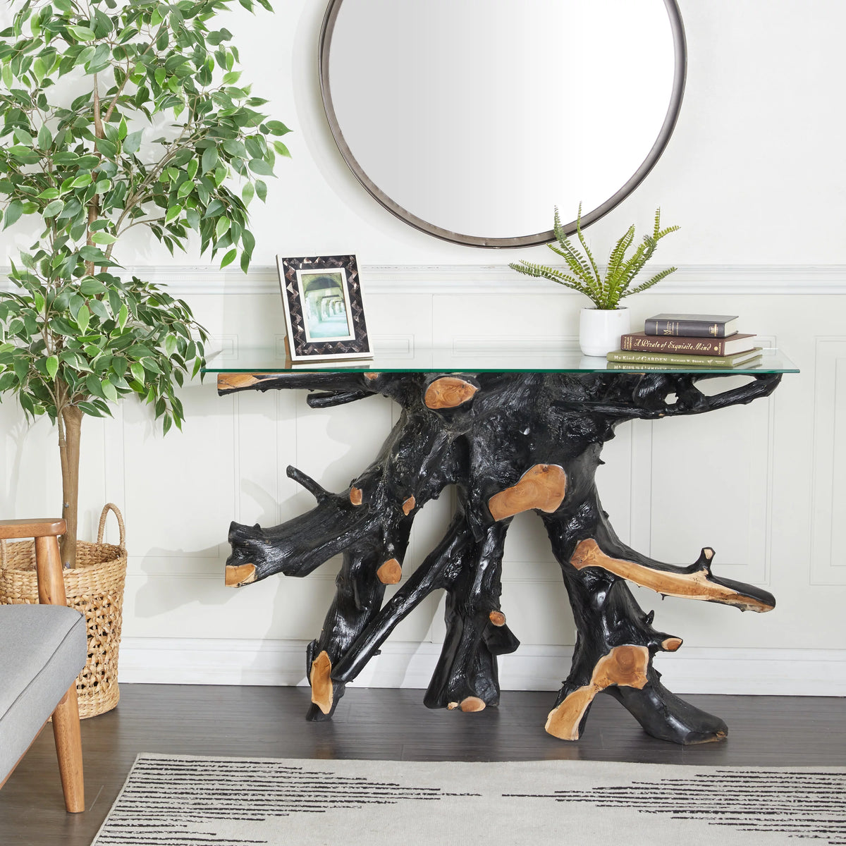 Black Teak Wood Console Table with Clear Glass Top X9588