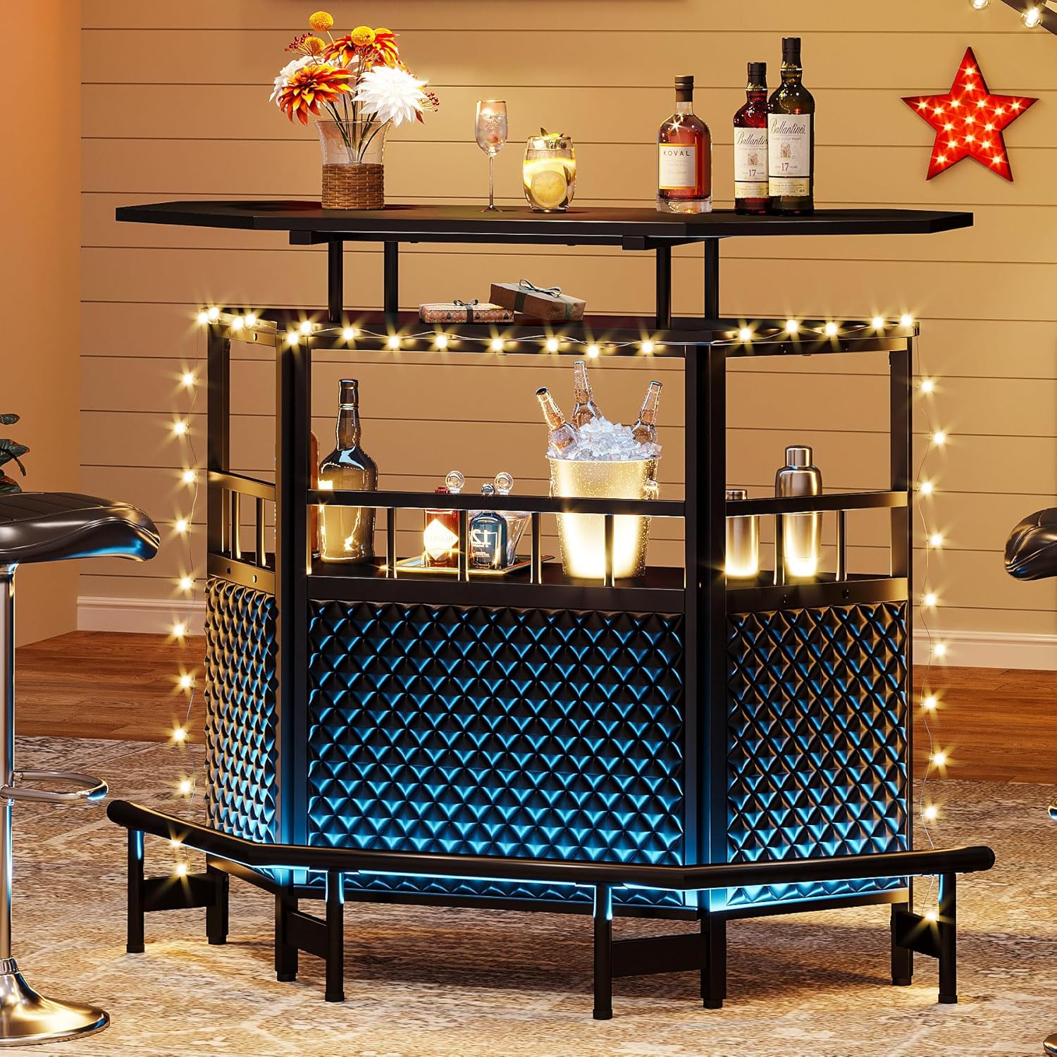 Black 4 Tier Bar Cabinet with Stemware Rack K2116