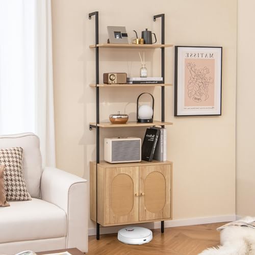 6-Tier Ladder Bookshelf with Cabinet, 71" Tall Wall Mount Shelf Bookcase with Metal Frame & Rattan Cabinet Bottom J195
