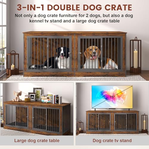 75 Inch Double Dog Crate Furniture Rustic Brown with Trays and Divider J395