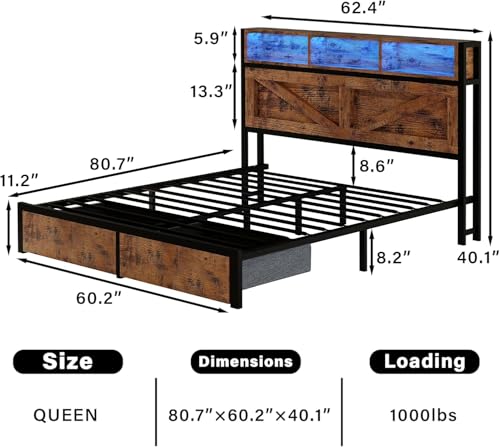 Rustic Brown Full Bed Frame with Bookcase Headboard and Storage Drawers Y8836