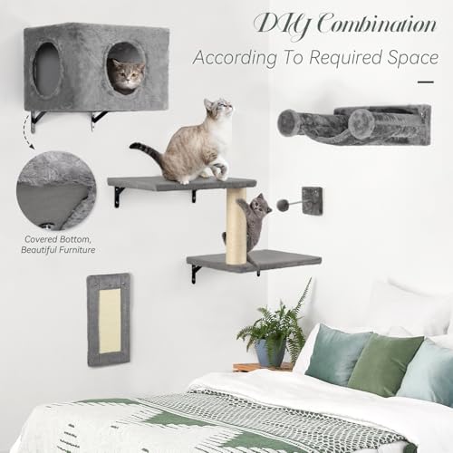 5-in-1 Wall-Mounted Cat Climber Set with House, Bridge, Steps, Scratcher, Hammock, Shelves Q44124