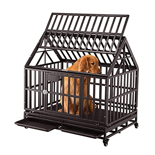 Brown Heavy Duty Dog Cage Crate Kennel with Four Wheels 38 inch I7020