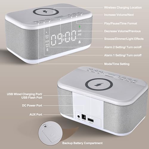 Gray Digital Alarm Clock with Bluetooth Speaker and Wireless Charger H9698
